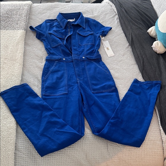NWT GOOD AMERICAN fit for success stretch cotton twill wave Blue Jumpsuit S - Picture 3 of 7